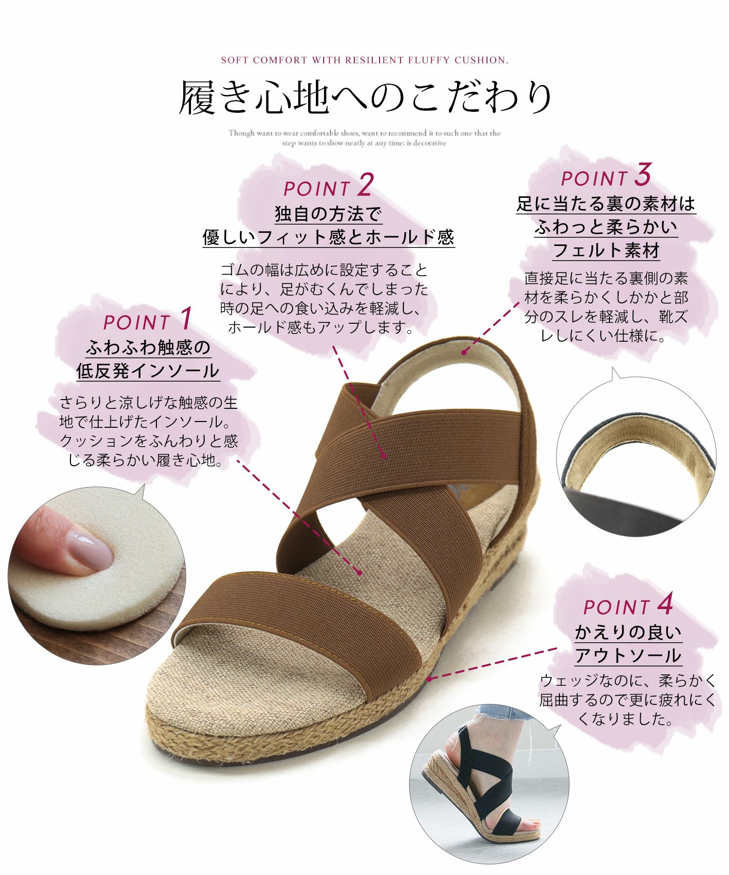 ゴムでフィットするので靴ズレしにくい4cmヒールゴムフィットサンダル 一部7月上旬・7月末頃入荷予定