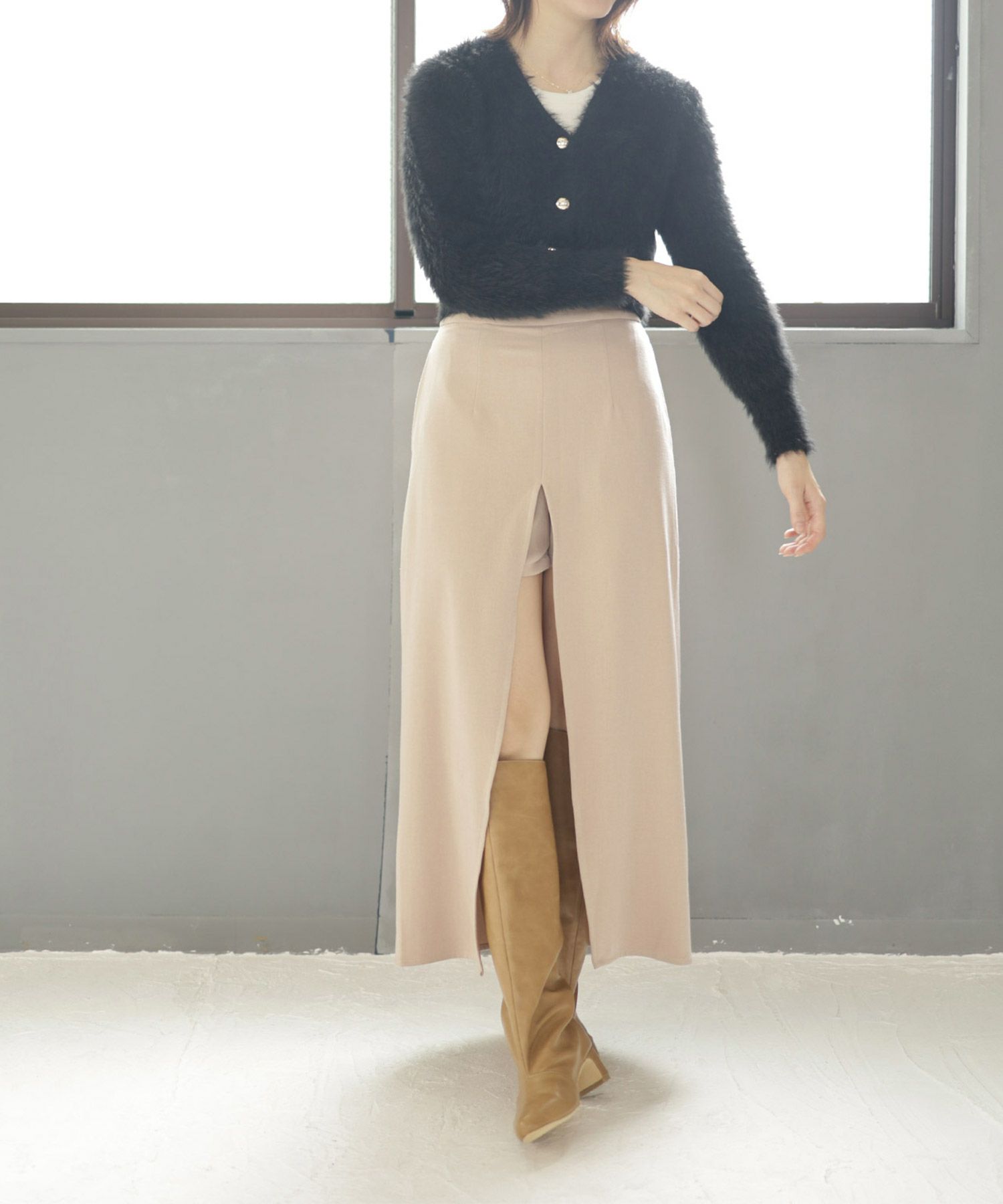 ワイドシャフトミドルヒールロングブーツ