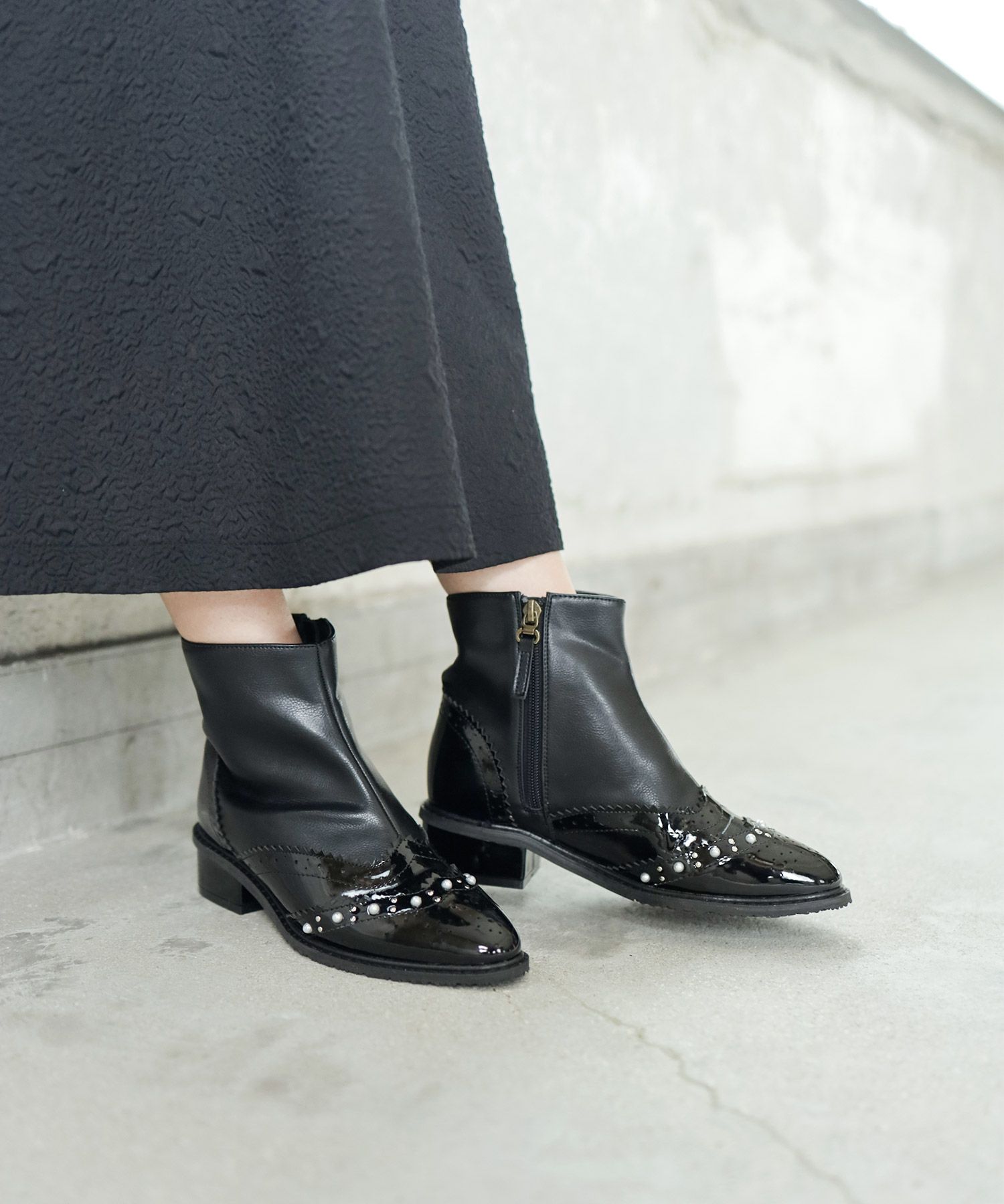 パール×ウイングチップショートブーツ▲返品不可