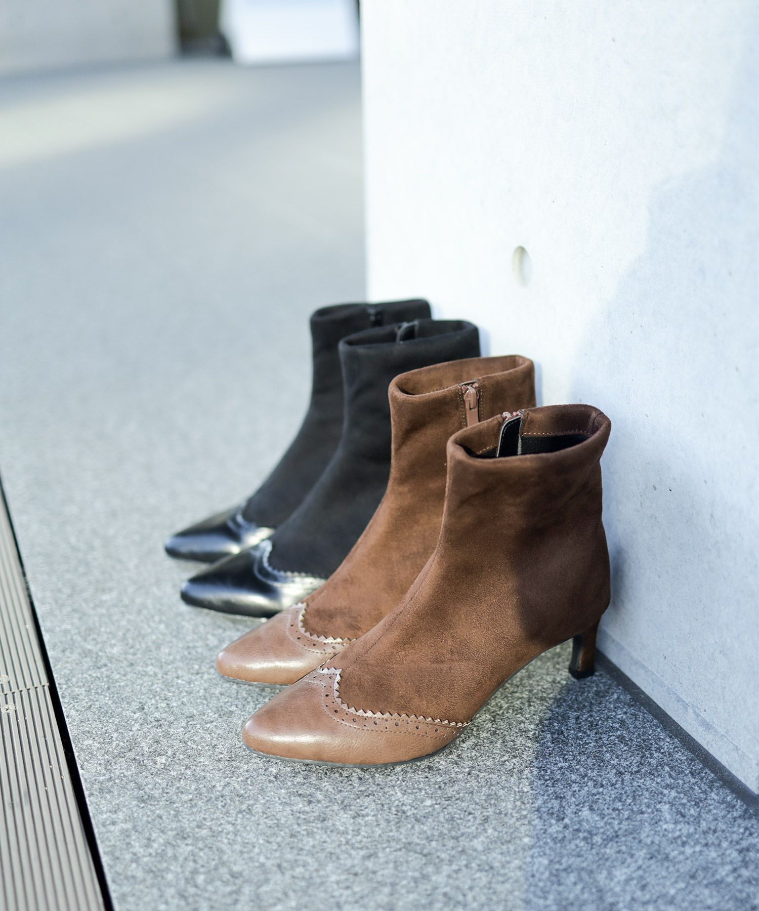 ウイングチップストレッチストレートヒールショートブーツ▲返品不可