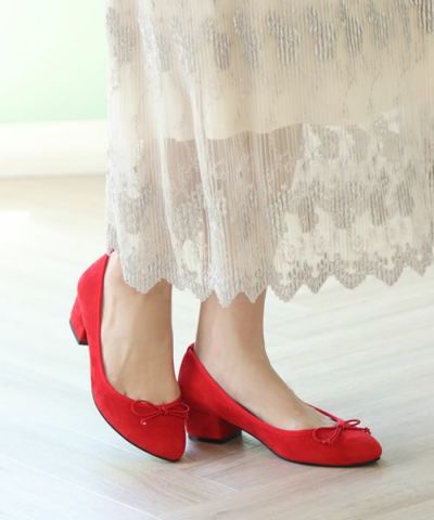 レッドスエード22.0cm/チャンキーヒールポインテッドトゥリボン付きパンプス▲訳あり商品のため返品交換不可▲