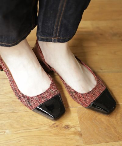 バイカラースクエアトゥローヒールスリングバックパンプス△返品